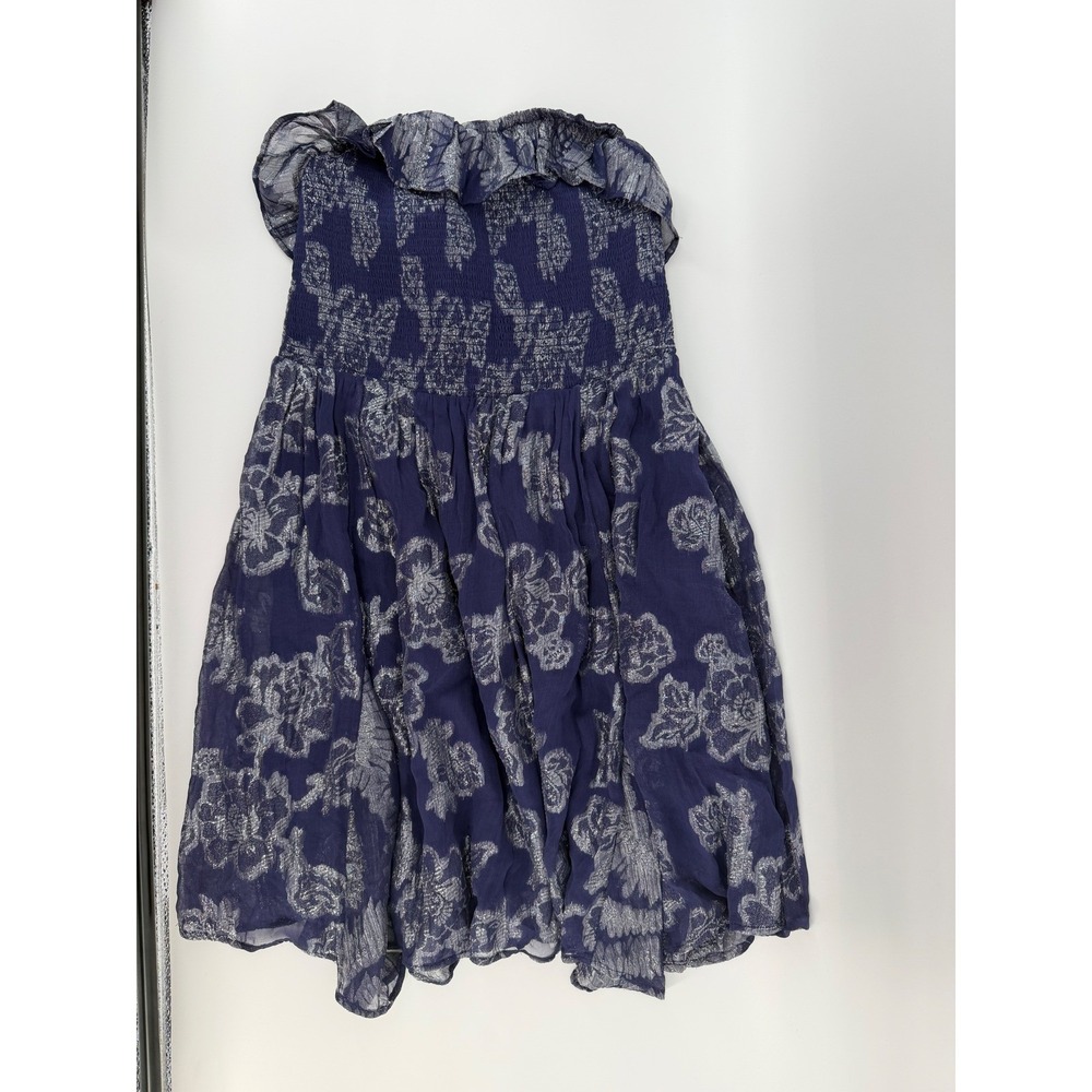 Free People Strapless Mini Dress Womens Large Blue Metallic Floral Smocked Boho‎